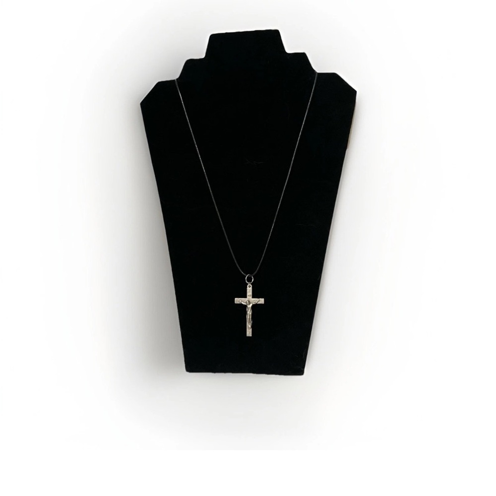 Crucifix Pendant Cross On Black Leather Cord. Religious Pendants. Christianity.